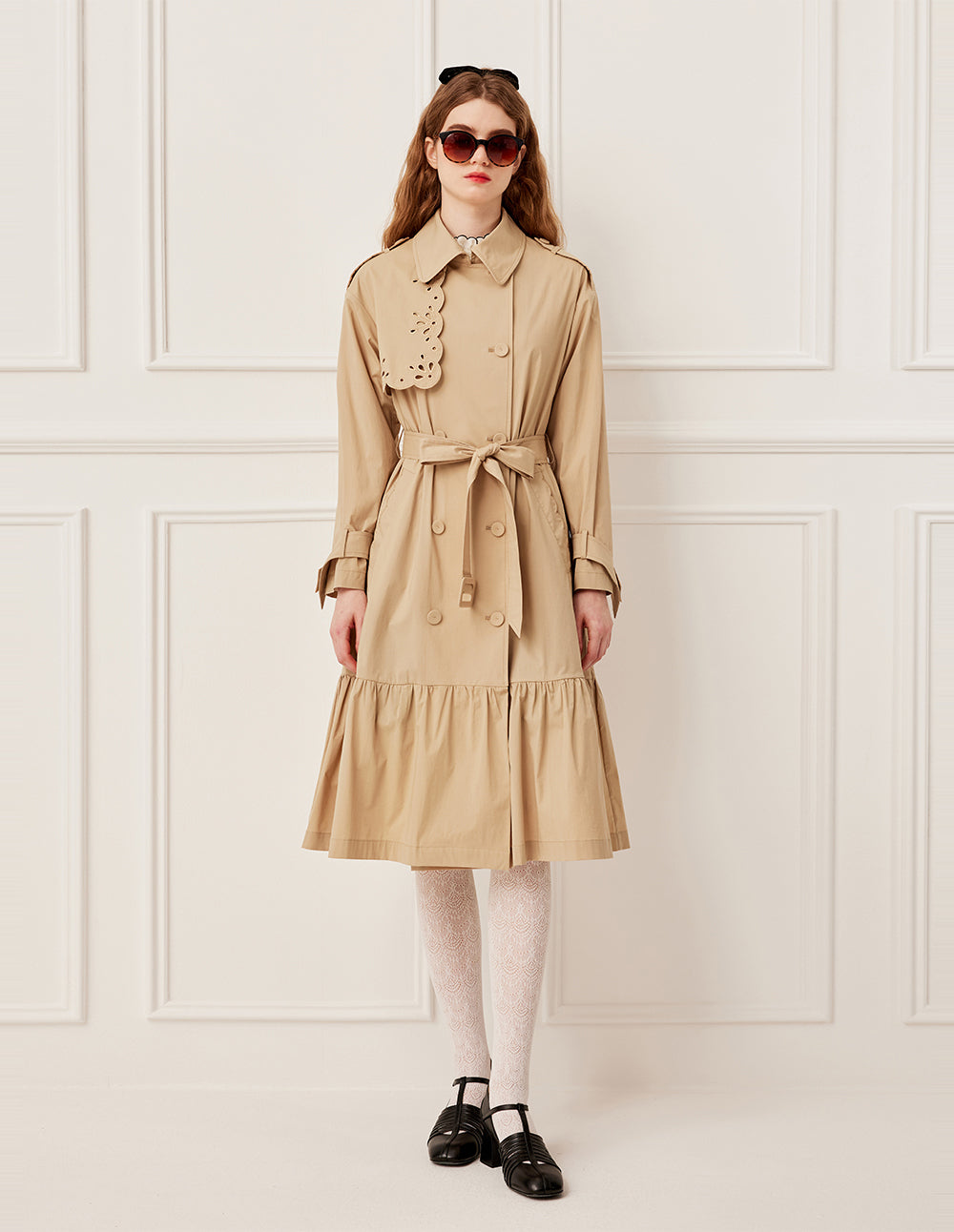 BORA AKSU Asymmetric Cut-Out Embroidered Long Sleeve Double-Breasted Belted Pleated Trench Coat