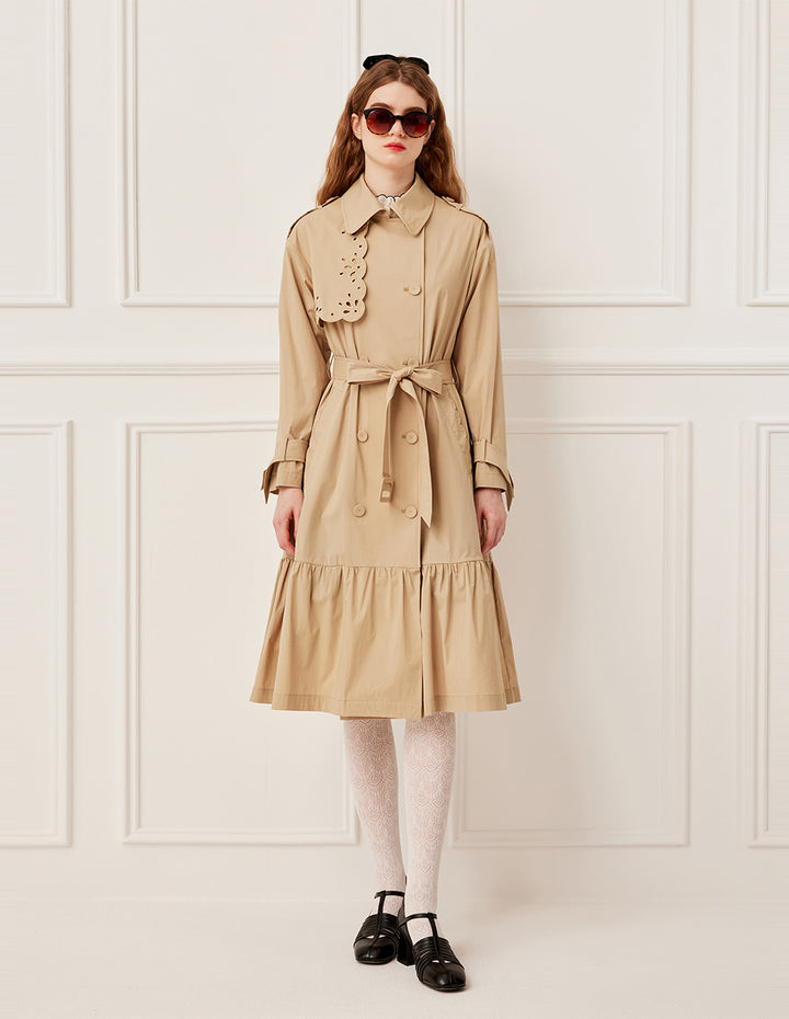 BORA AKSU Asymmetric Cut-Out Embroidered Long Sleeve Double-Breasted Belted Pleated Trench Coat