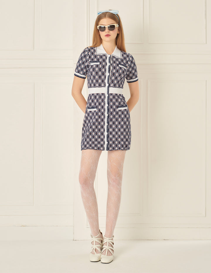 BORA AKSU Retro Contrasting Geometric Pattern Lapel Knitted Dress
