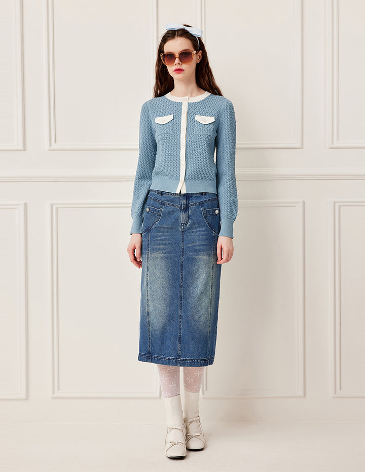 BORA AKSU Straight Leg Light Wash Knee-Length Denim Skirt