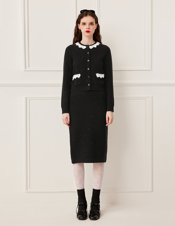 BORA AKSU Straight Fit Sequined Knee-Length Knit Skirt