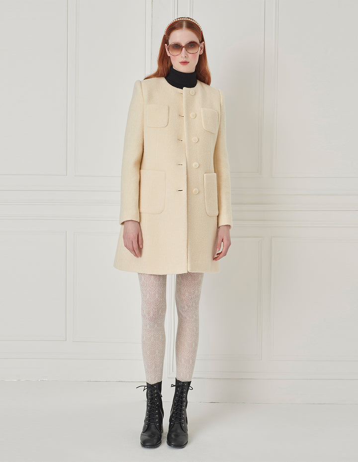 BORA AKSU Round Neck H-Type Single Breasted Milk White Wool Coat