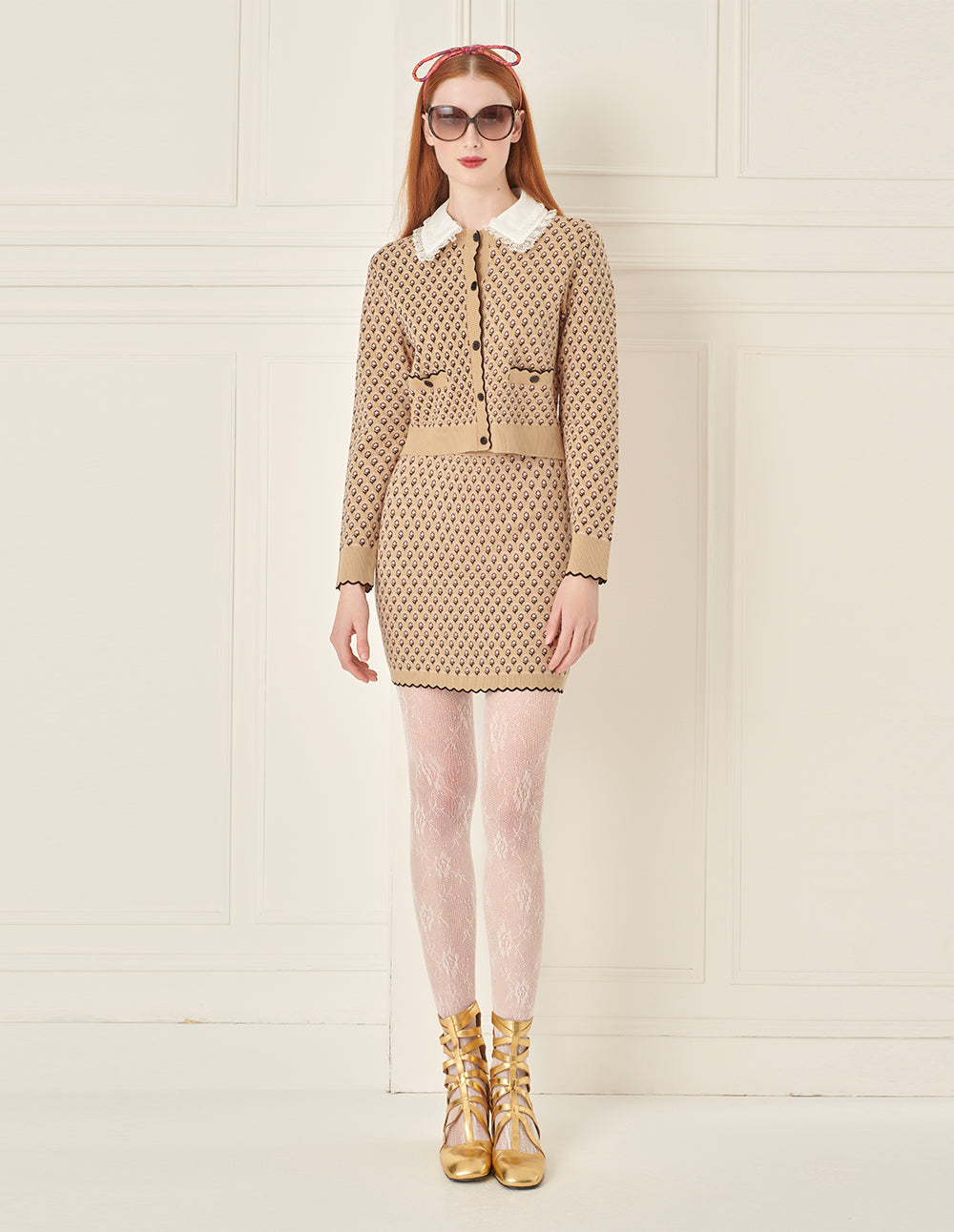BORA AKSU Detachable Lapel Jacquard Khaki Knitted Cardigan