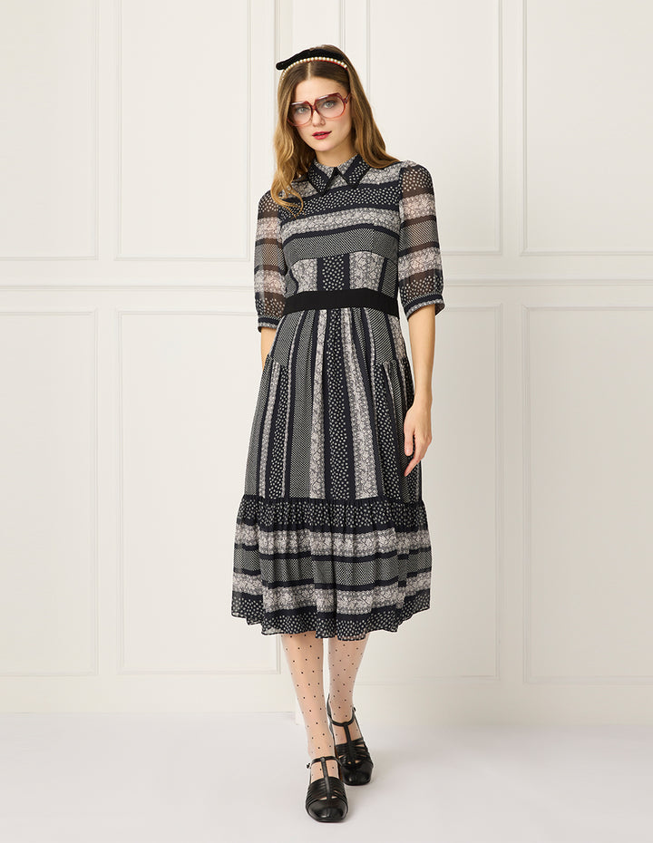 BORA AKSU Peter Pan Collar Puff Sleeve Short-Sleeve Lace Floral Print Pleated Dress