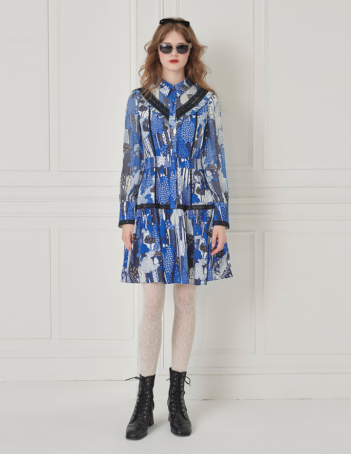 BORA AKSU Shirt-Collar Long-Sleeve Color-Block Lace-Embellished Printed Mini Shirt Dress