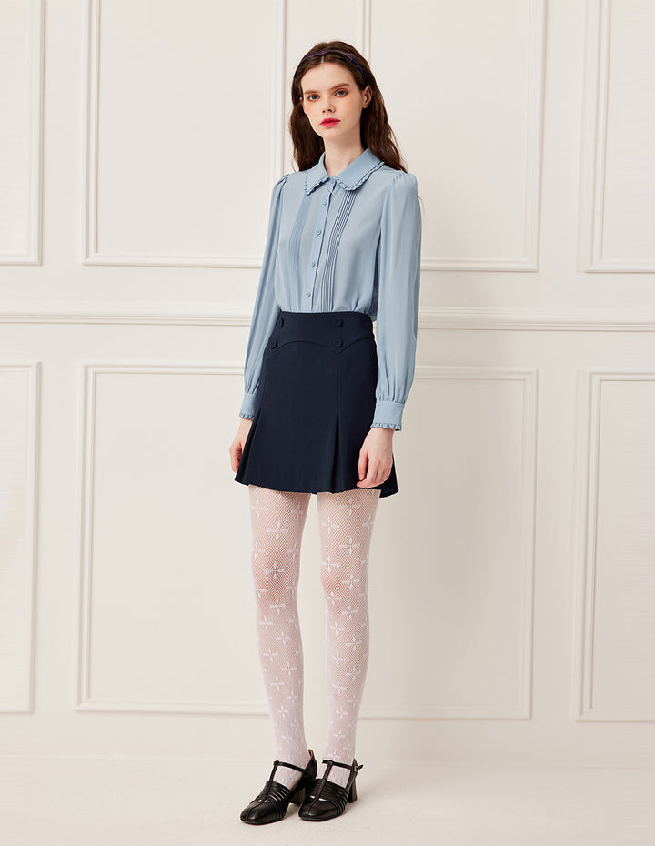 BORA AKSU Ruffle Lapel Collar Long Sleeve Pin-Tuck Silk Blouse