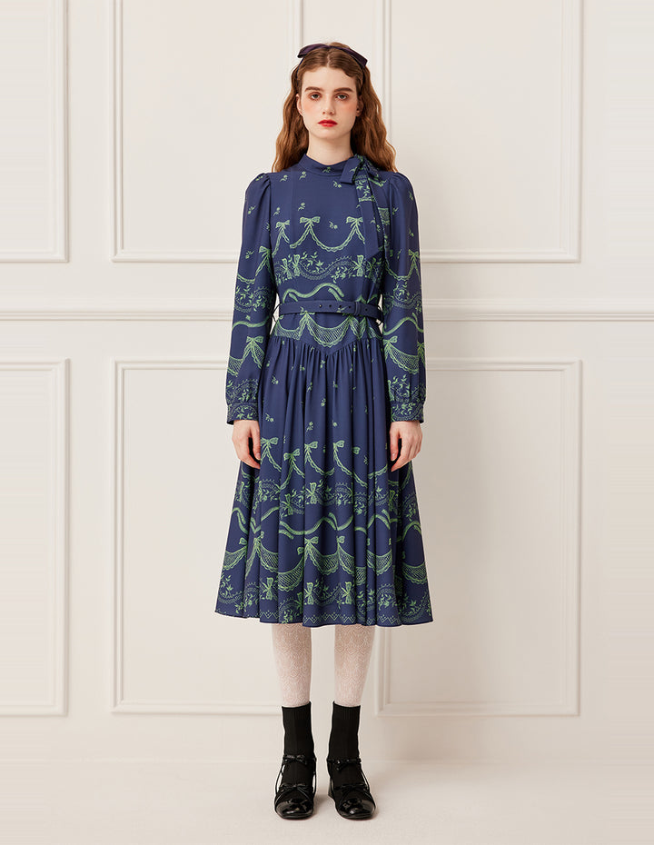 BORA AKSU Mandarin Collar Tie-Down Side Button Floral Print Puff Sleeve Pleated Midi Dress