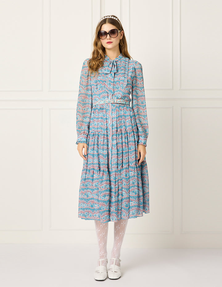 BORA AKSU Butterfly-Knot Collar Bubble Sleeve Floral Print Midi Dress