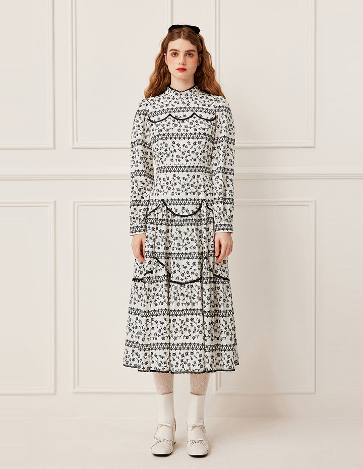 BORA AKSU Turtleneck Collar Lace-Ruffle-Trim Floral Pleated Midi Dress