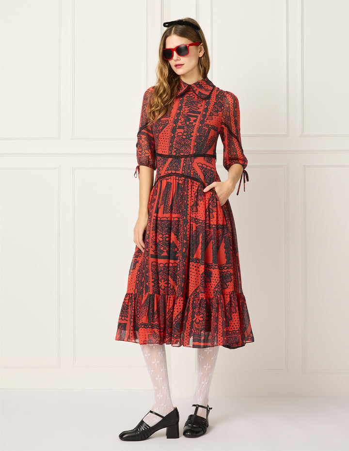 BORA AKSU Peter Pan Collar Bubble 1/2 Sleeve Print Pleated Midi Dress