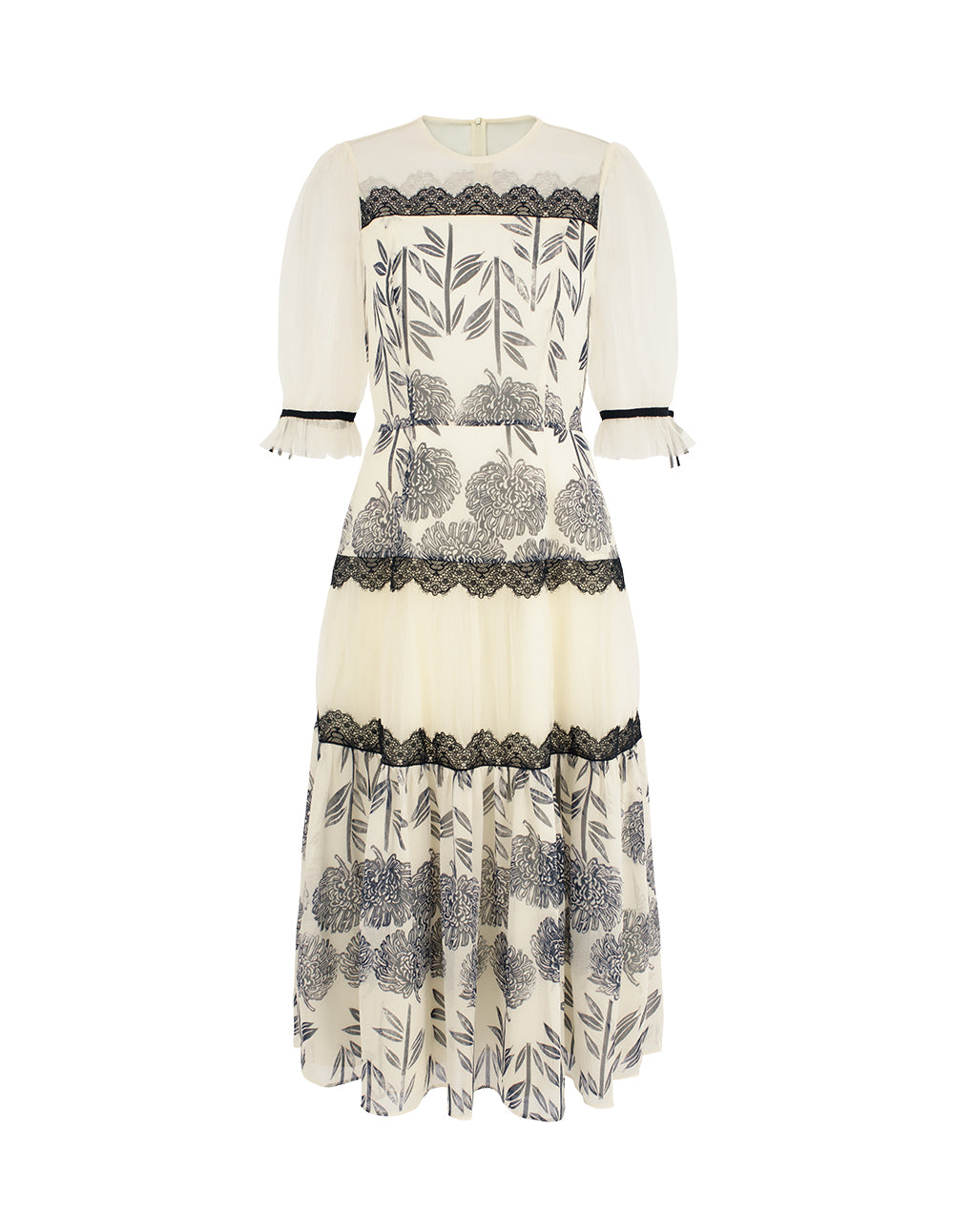 BORA AKSU Round Neck Short Sleeve Lace Sheer Floral Print Midi Dress