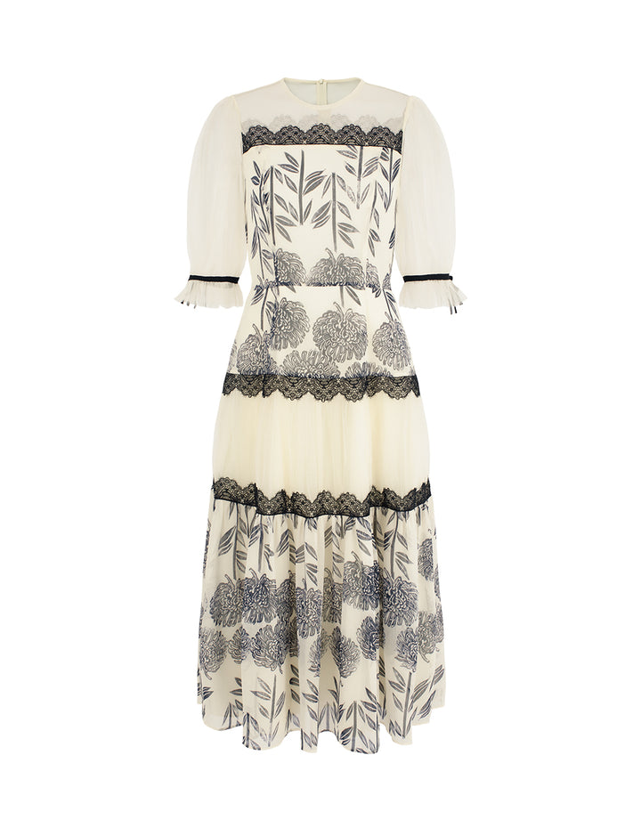 BORA AKSU Round Neck Short Sleeve Lace Sheer Floral Print Midi Dress