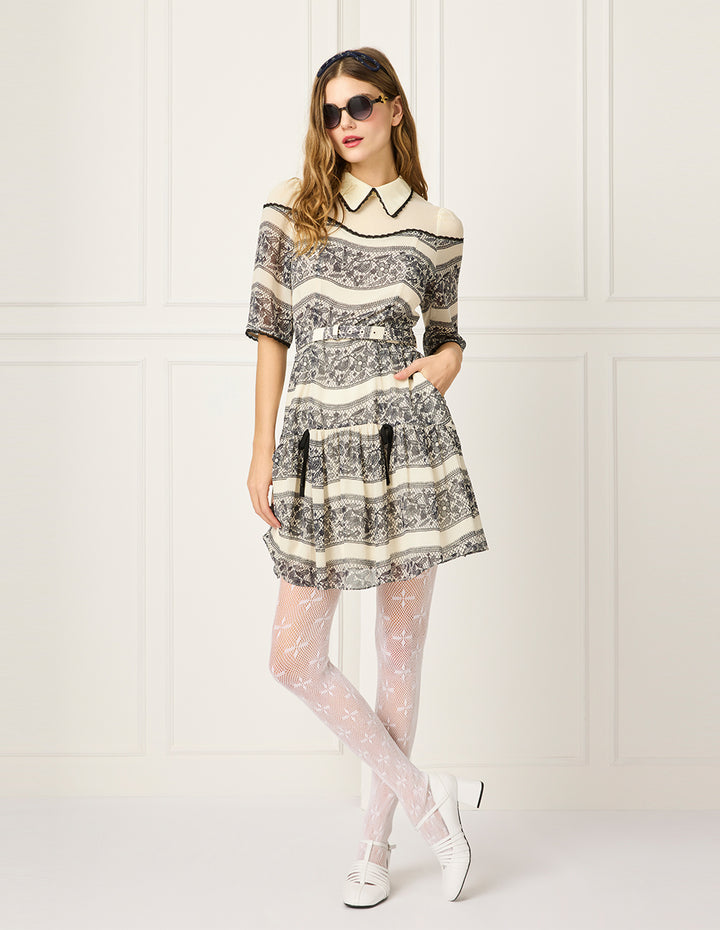 BORA AKSU Peter Pan Collar Puff Sleeve Lace Floral Print Silk Midi Dress