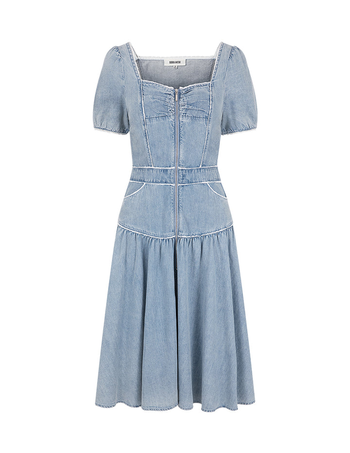 BORA AKSU Diamond Collar Puff Sleeve Lace Denim Dress