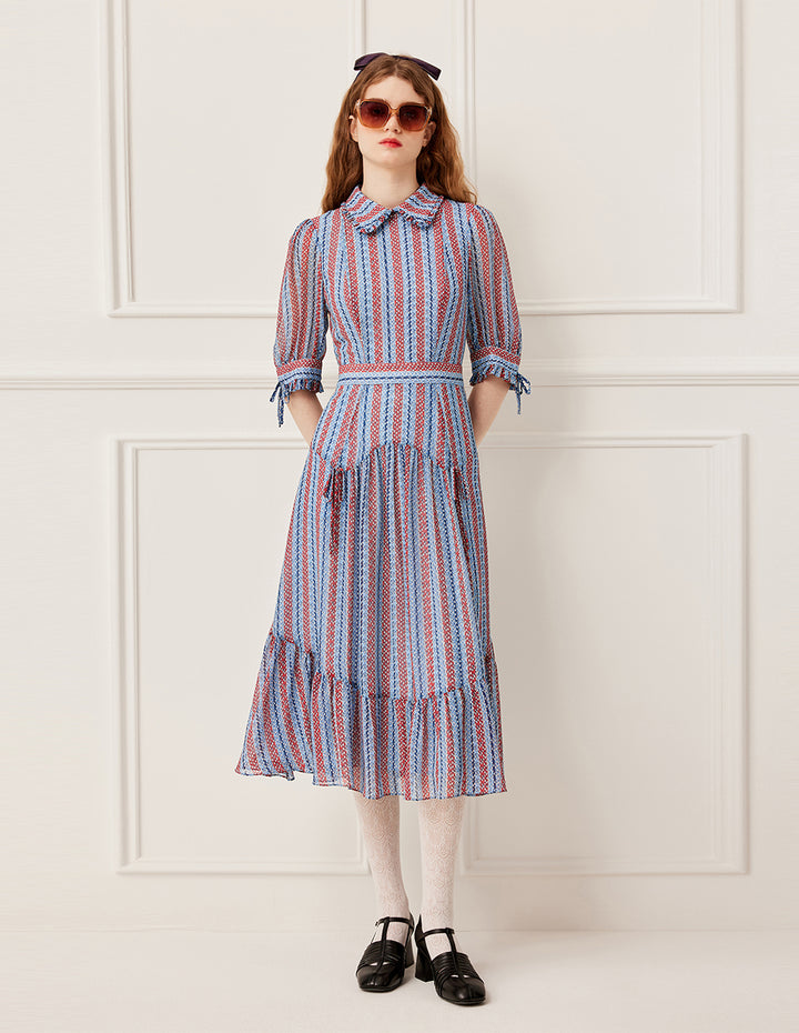 BORA AKSU Ruffled Peter Pan Collar Blue Red Stripe Raindrop Print Pleated Midi Dress