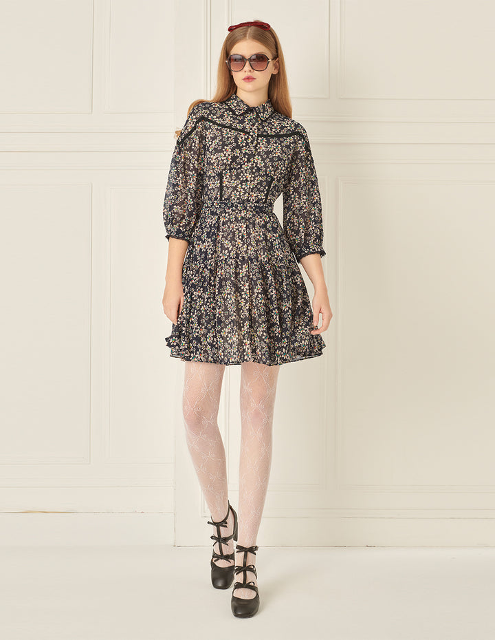 BORA AKSU Puff Sleeves And Small Lace Waist And Pleated Floral Dress