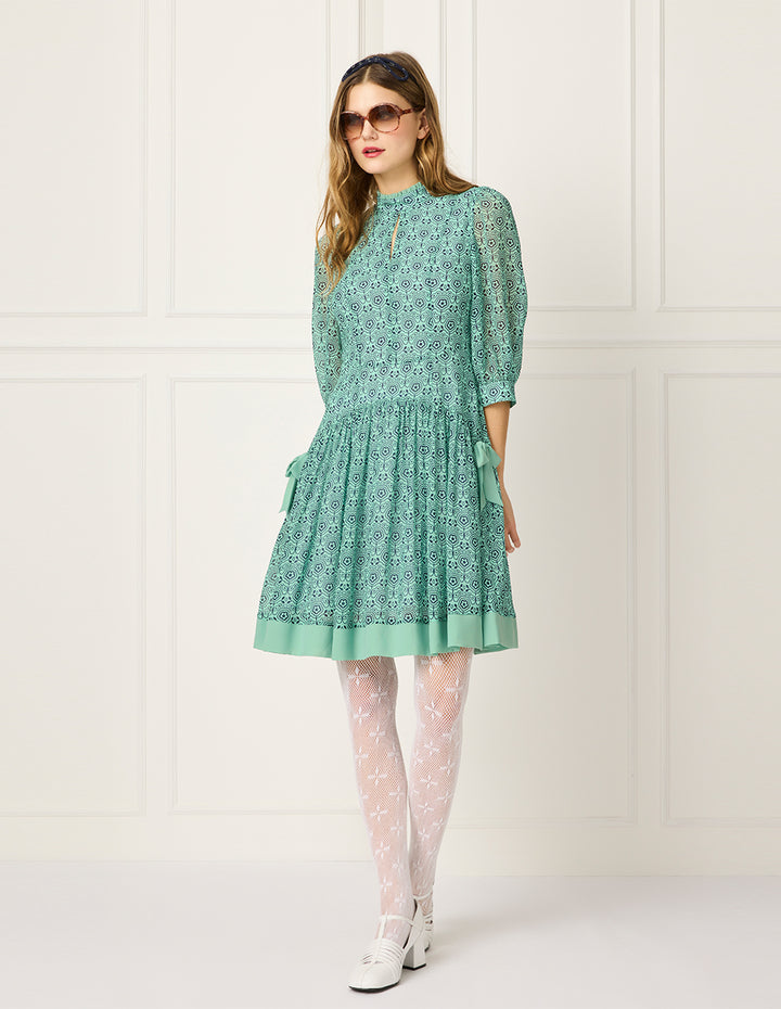 BORA AKSU Stand Collar Puff Short-Sleeve Pleated Print Midi Dress