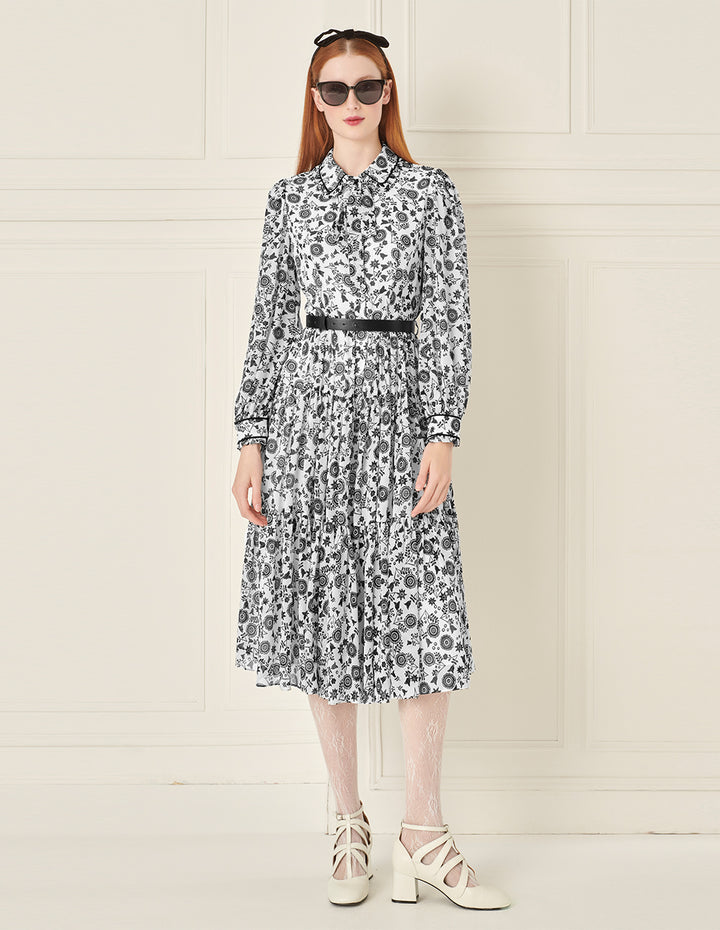 BORA AKSU Retro Lapel Puff Sleeve Printed Belt Dress