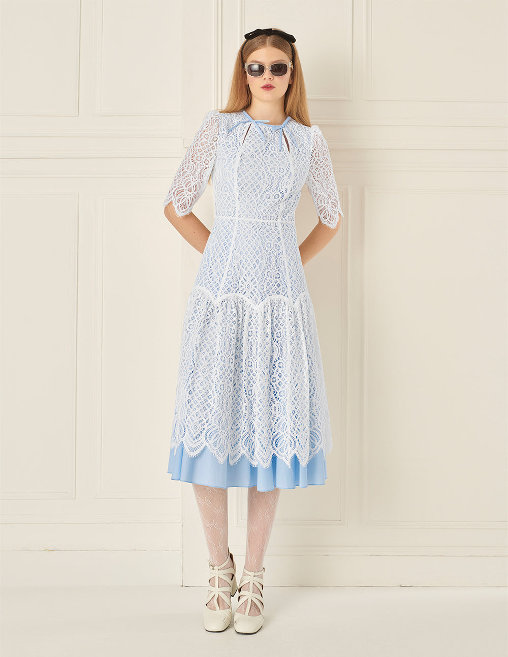 BORA AKSU Romantic Blue And White Lace Court Style Dress