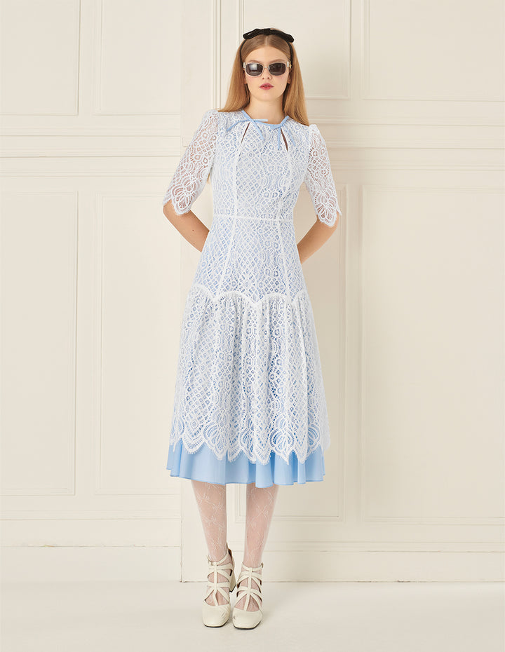 BORA AKSU Romantic Blue And White Lace Court Style Dress