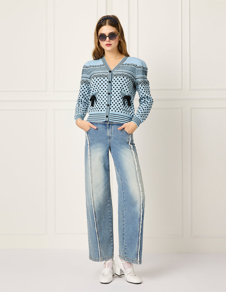 BORA AKSU Polka Dot V-Neck Jacquard Wool Cardigan