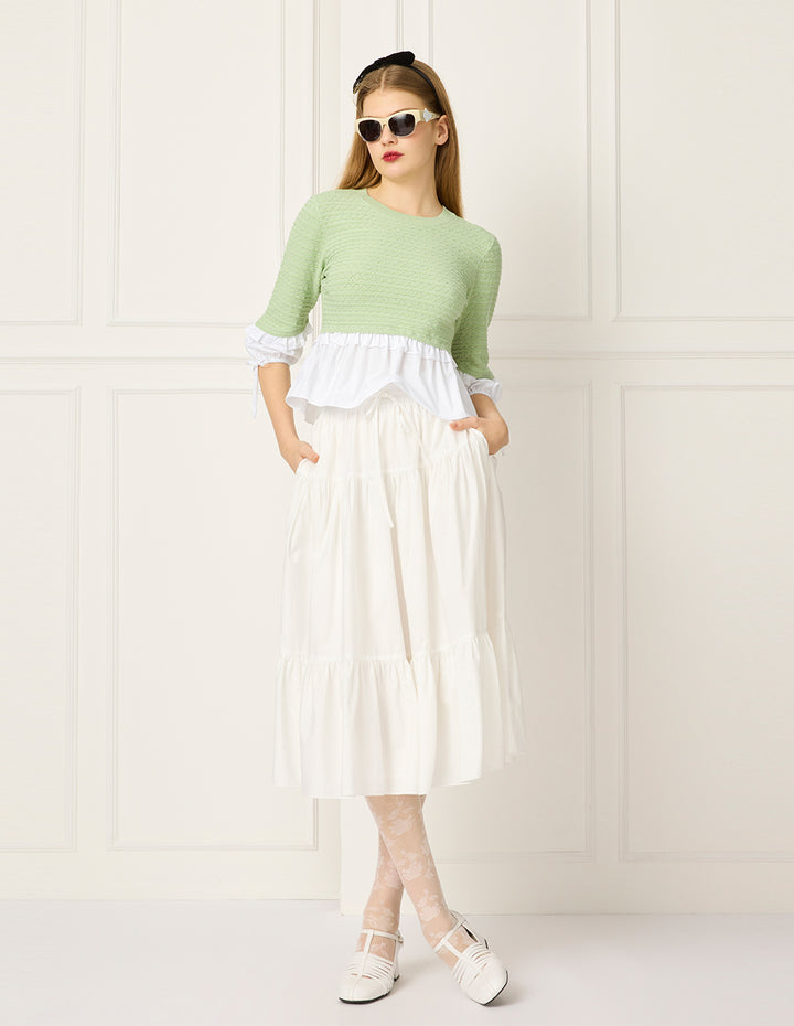 BORA AKSU Round-Neck Puff-Sleeve Ruffle Trimmed Patchwork Knit Top