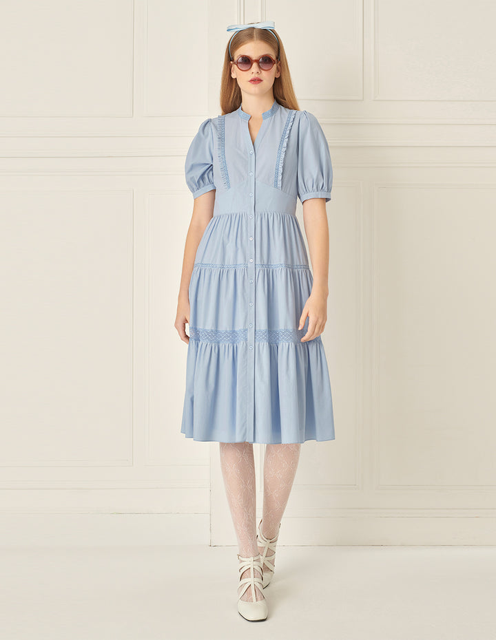 BORA AKSU Puff Sleeve Tiered Pleated Dress