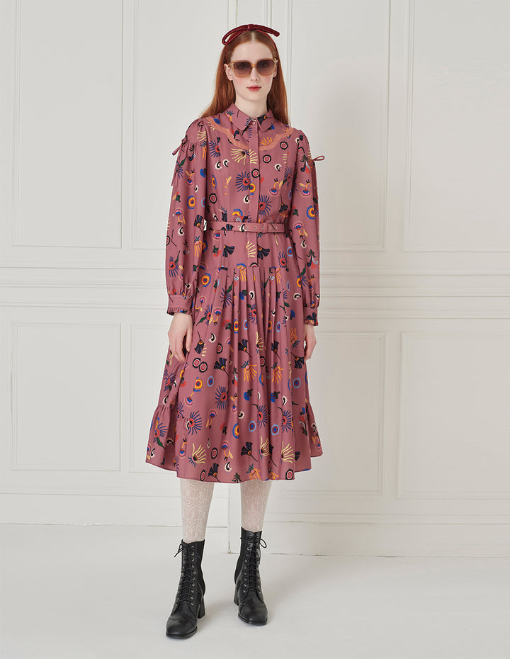 BORA AKSU Bow-Embellished Floral Ruffle Hem Pleated Shirt Dress