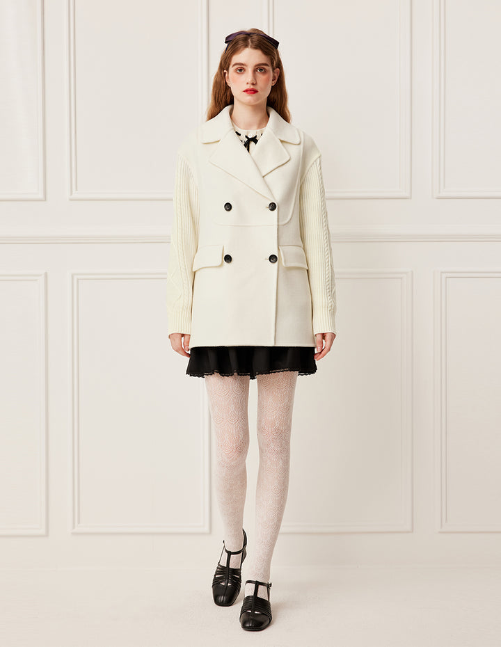BORA AKSU Notch Lapel Double-Breasted Knit Sleeves Wool Blend Coat