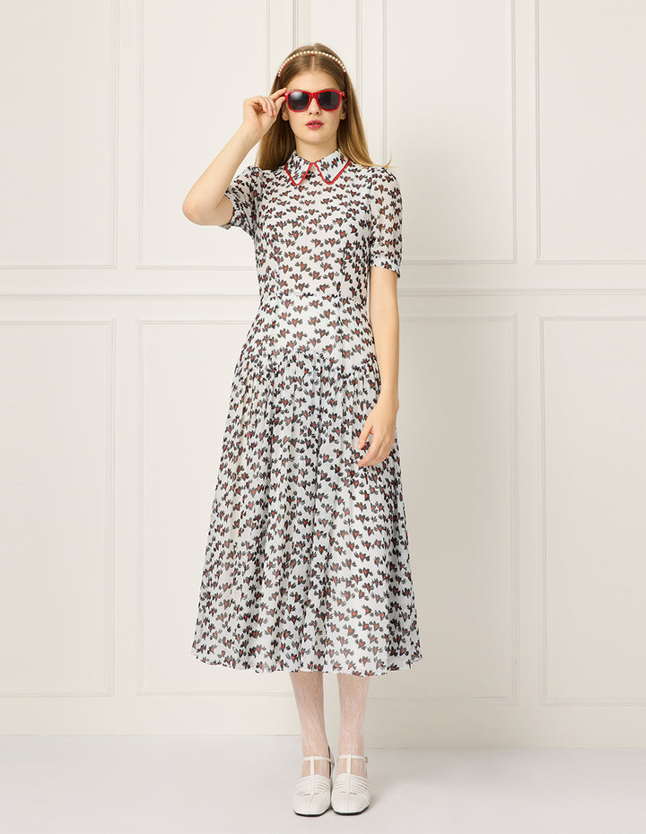 BORA AKSU Peter Pan Collar Puff Short-Sleeve Heart Print Lace-Trim Empire-Waist Pleated Midi Dress