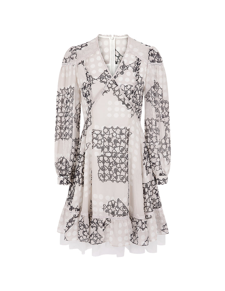 BORA AKSU French V-Neck Lace-Embellished Pleated Printed Dress