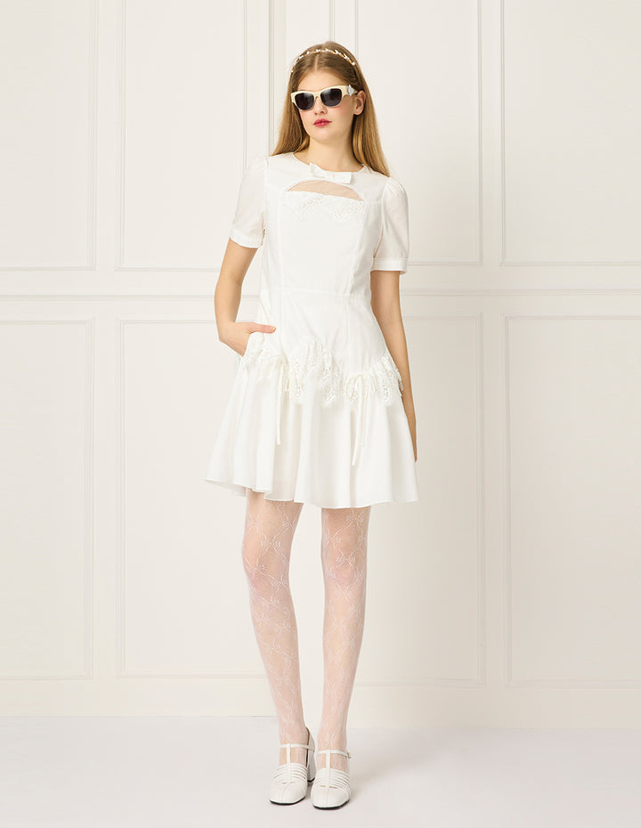 BORA AKSU Round Neck Puff Short-Sleeve Hollow Lace Trim Pleated Midi Dress