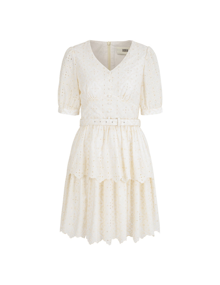 BORA AKSU V-Neck Bubble Short-Sleeve Hollow Out Embroidered Layered Pleated Dress