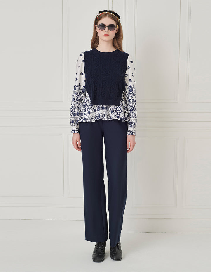 BORA AKSU French Round Collar Knitted Splicing Printed Flower Top