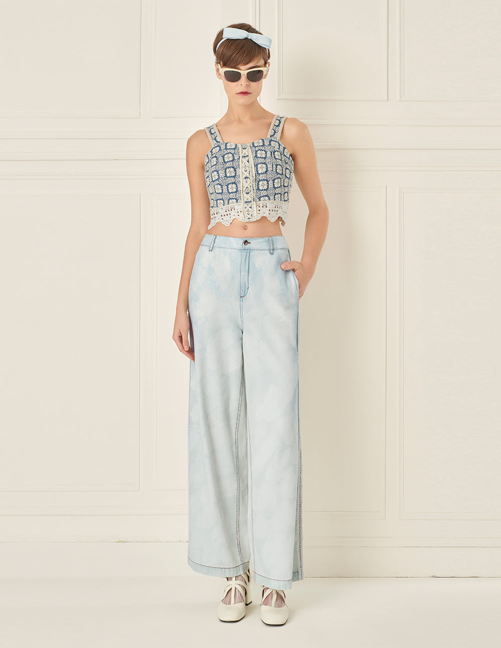 BORA AKSU Lace Patchwork Embroidered Denim Camisole