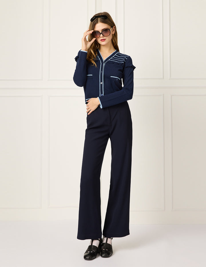 BORA AKSU V-Neck Long-Sleeve Ruffle-Trim Knit Cardigan