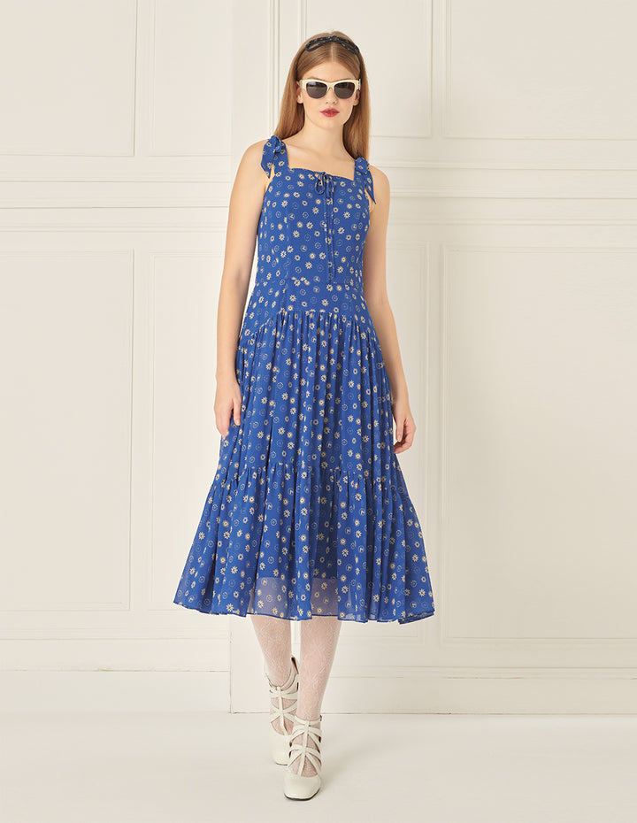 BORA AKSU Bow-Embellished Suspender Pleated Printed Dress