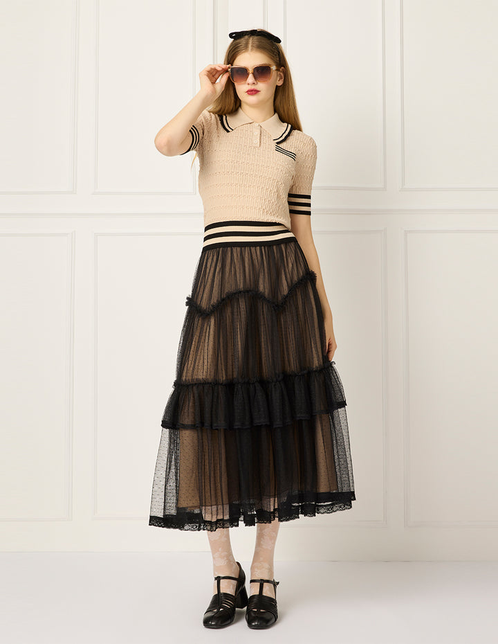 BORA AKSU Lapel Short-Sleeve Black Stripe Trim Pointelle Knit Sweater