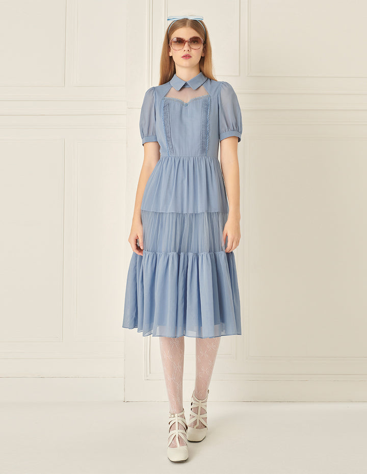 BORA AKSU Puff Sleeve Lapel Pure Cotton Mesh Patchwork Dress