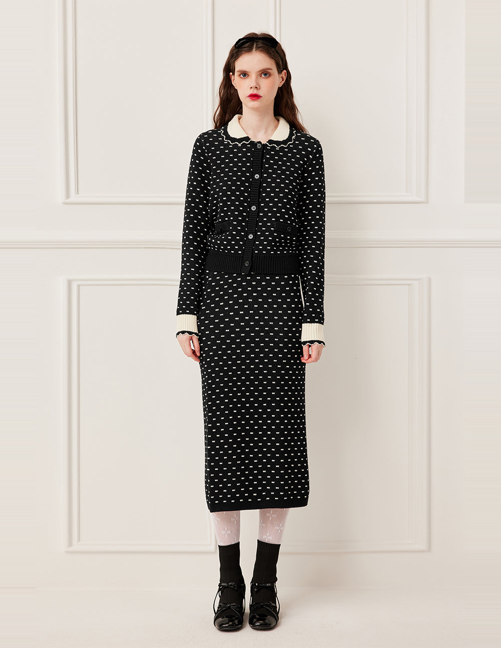 BORA AKSU High-Waist Straight-Cut White Polka Dot Wool Knit Skirt