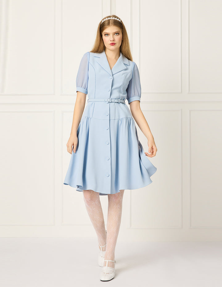 BORA AKSU Peaked Lapel Puff Short-Sleeve Single-Breasted Belted Pleated Midi Dress