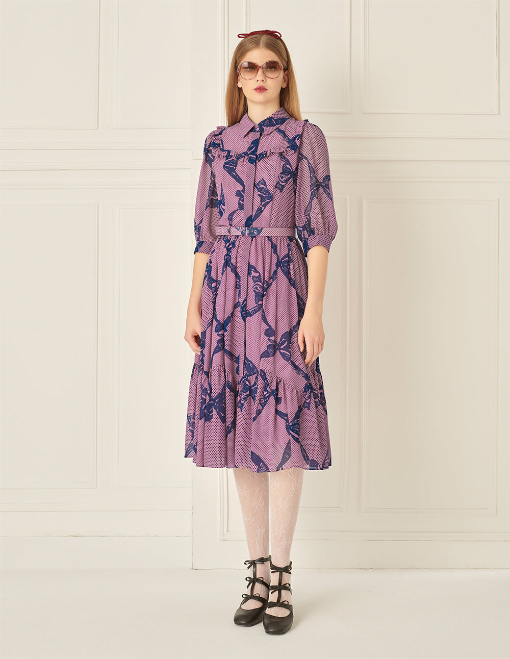 BORA AKSU Retro Puff Sleeve Ruffle Skirt Printed Dress