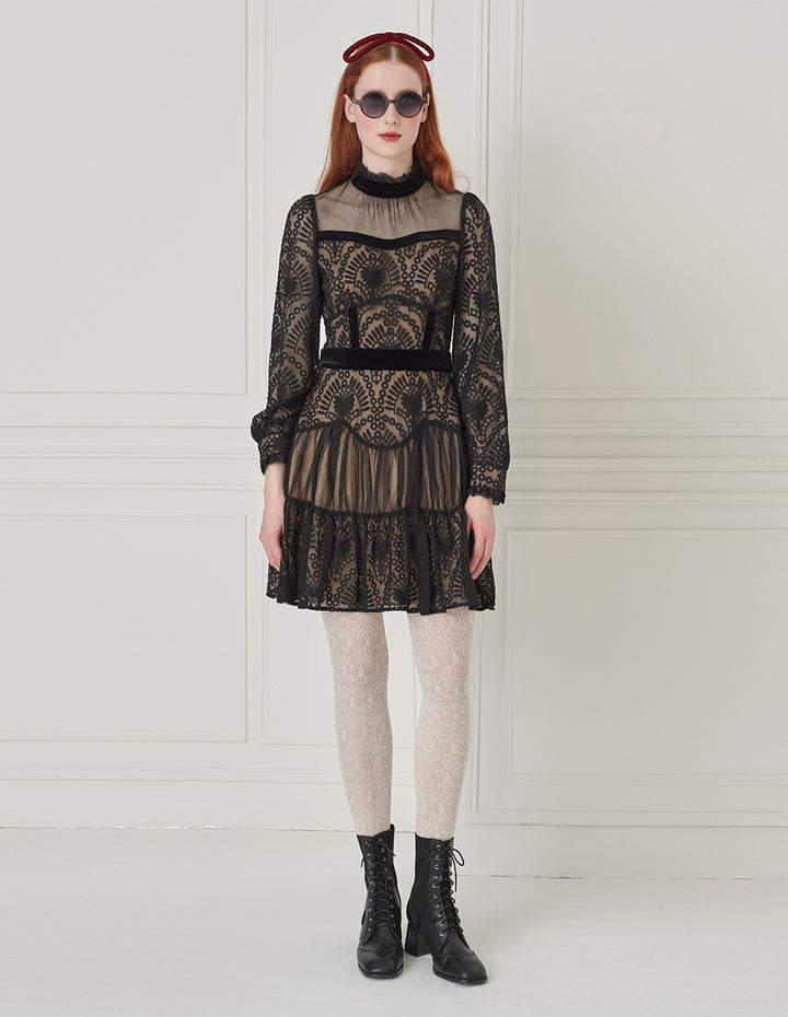 BORA AKSU Retro Lace Stand-Collar Long-Sleeve Mesh Velvet Splicing Knee-Length Dress