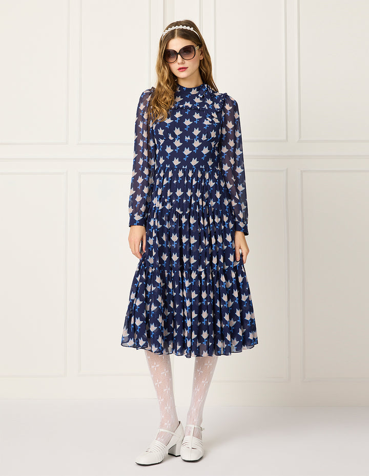 BORA AKSU Stand Collar Long Bubble Sleeve Empire-waist Floral Print Pleated Midi Dress