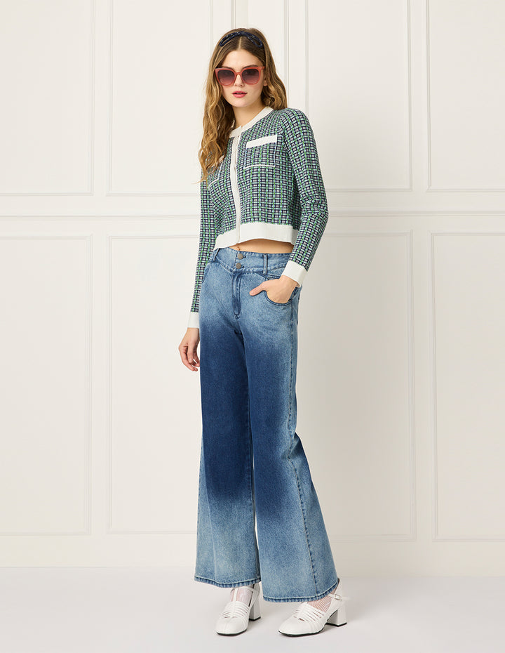 BORA AKSU Round-Neck Long-Sleeve Strip-Trim Plaid Knit Cardigan