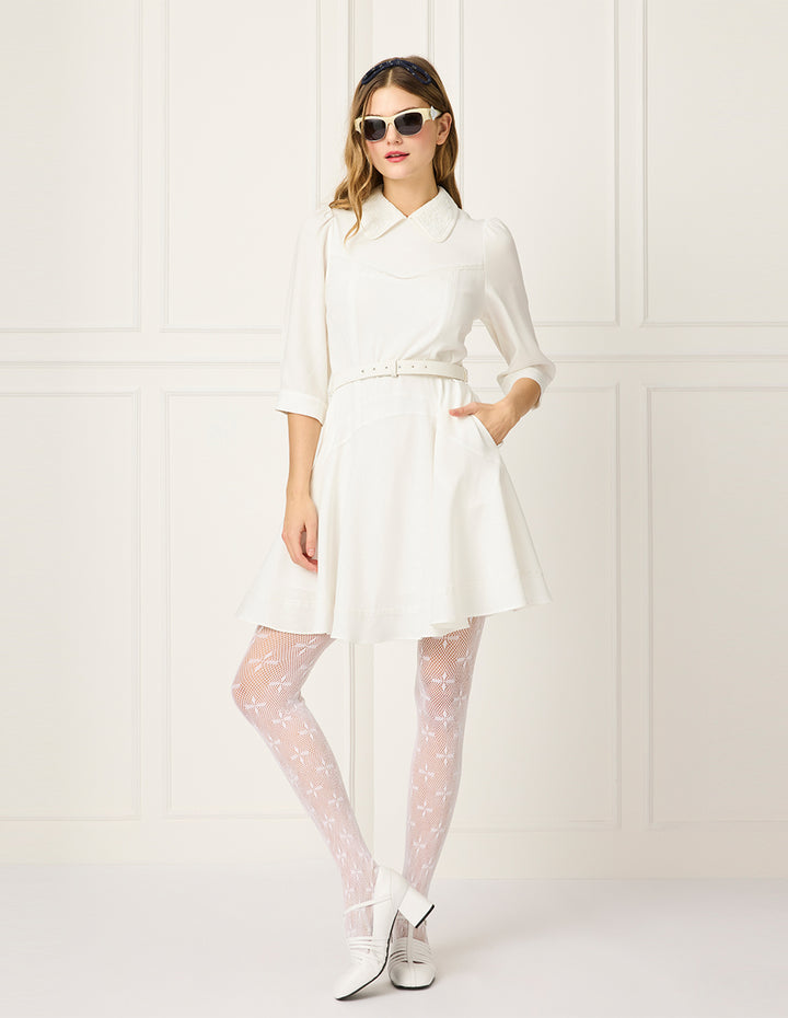 BORA AKSU Peter Pan Collar Puff Sleeve Waist-Tie Pleated Midi White Dress