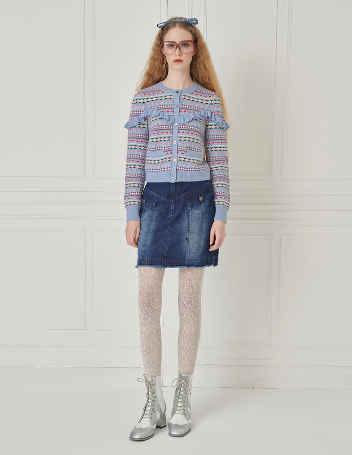 BORA AKSU Fair Isle jacquard crew neck ruffled knitted cardigan