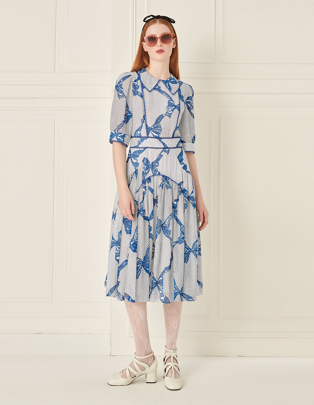 BORA AKSU French Lace-Embellished Bow Print Dress