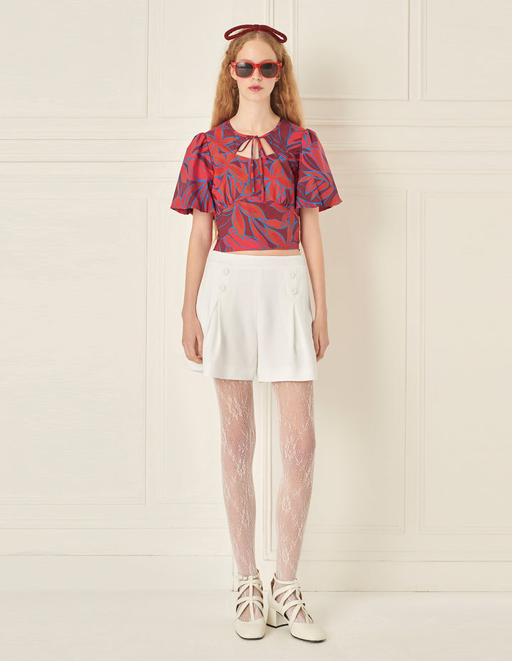 BORA AKSU Bow Tie Round Neck Lantern Sleeve Printed Top