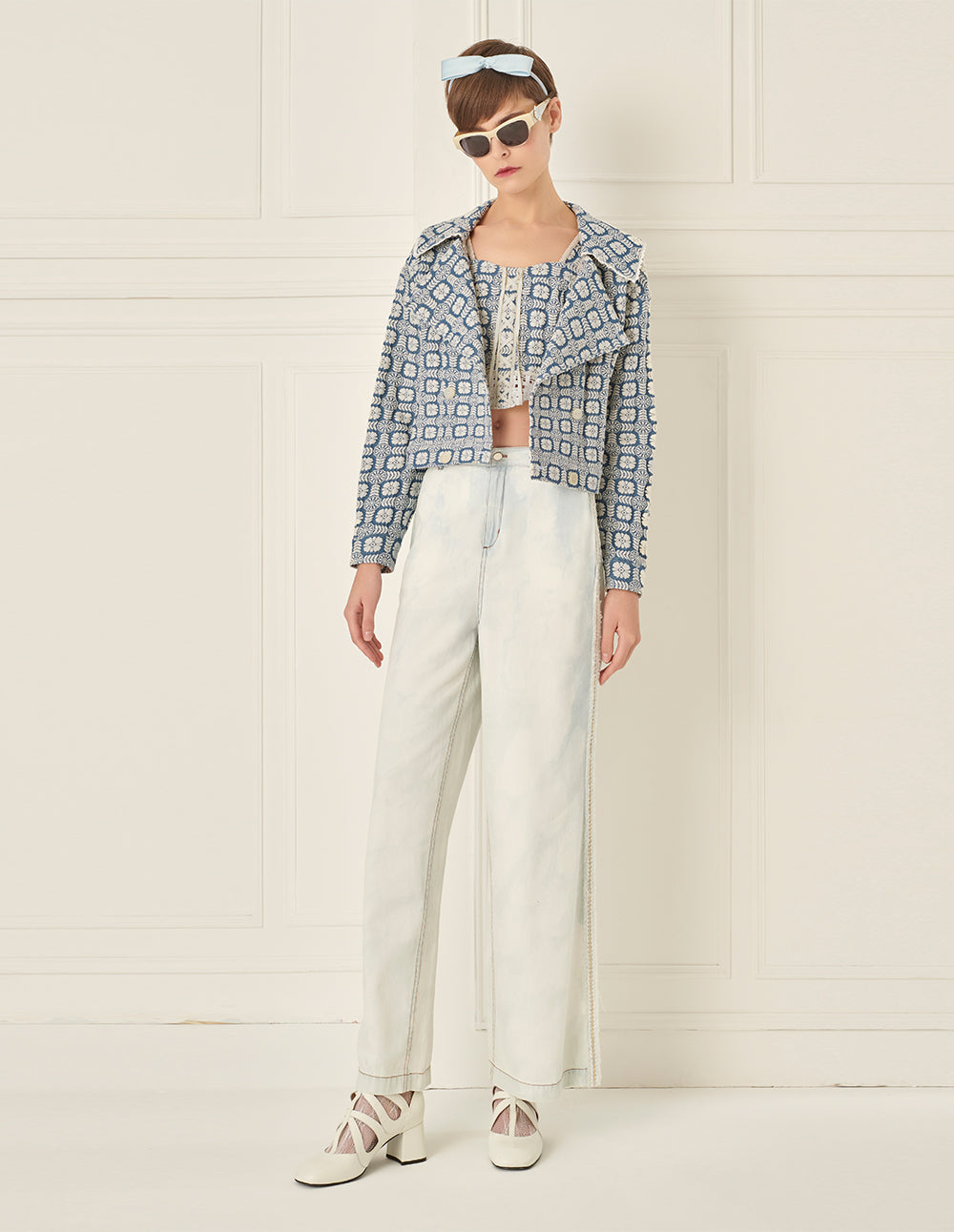 BORA AKSU Lace Lapel Embroidered Denim Jacket